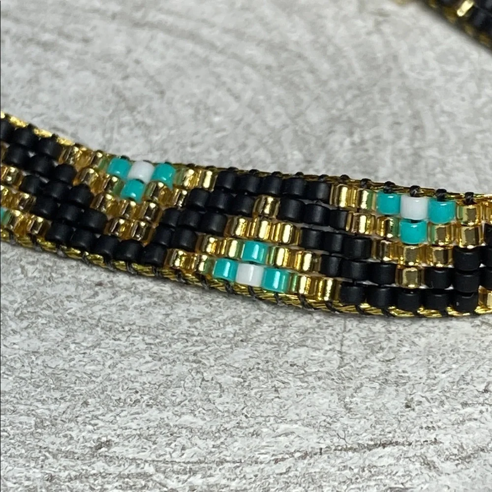 Cute Handcrafted Loom-Beaded Bracelet  with Turquoise ,Black and Gold Beads - Picture 6 of 12